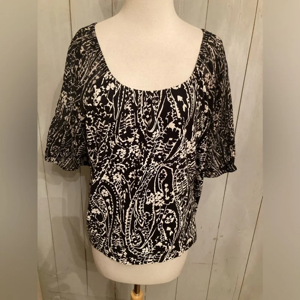 Loft Women's Size Large Black Floral Puff Sheer Sleeve Blouse Top